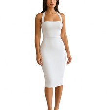 Backless Halter Neck Midi Bandage Dress Cinched Waist Bodycon Event Bridal - S