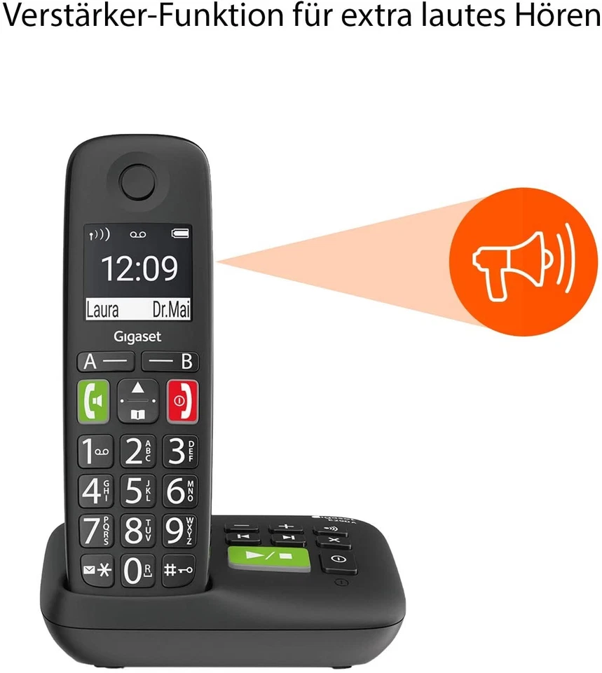 Gigaset E290A-Schnurloses Seniorentelefon, Anrufbeantworter, schwarz "wie neu" 