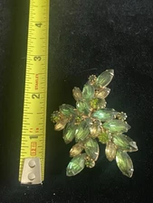 Vintage Statement Leaves Green yellow Marquise Rhinestone Brooch Prongs MCM