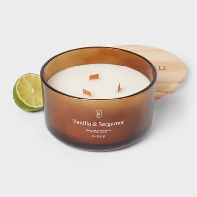 3-Wick Amber Glass Wooden Wick Vanilla and Bergamot Jar Candle 20oz