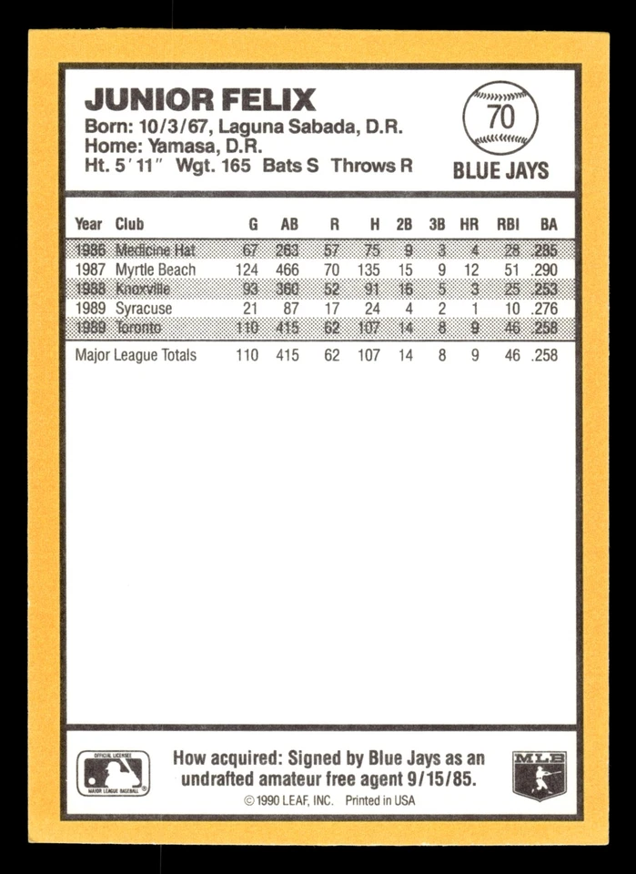 Junior Felix 1990 Donruss Best of the AL #70 Toronto Blue Jays - Image 2 of 2