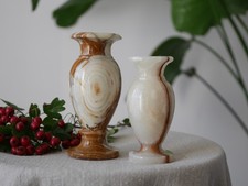 Pair of Small Onyx Stone Vases, Marbled Brown Cream Miniature Urn Style Vases