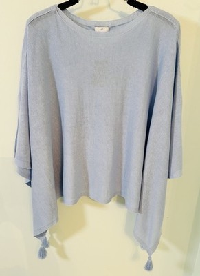 NWT J Jill Women s S-L Poncho  Skyline  Blue Linen Blend Poncho Shawl w/Tassels