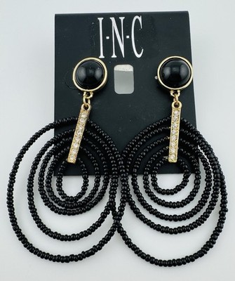 INC International Concepts Jet Orb Bead Earrings Black Gold Tone 3  Drop NWT