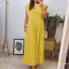 Women's Sleeveless Dress, Mid-Length Pleated Solid-Colour Round Neck Loose-Fit C