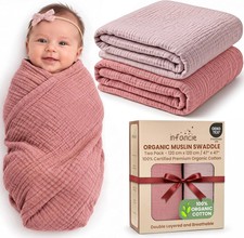 2 Pack Organic Cotton Baby Muslin Swaddle Blankets Girl 47x47 Inch Soft Breat...
