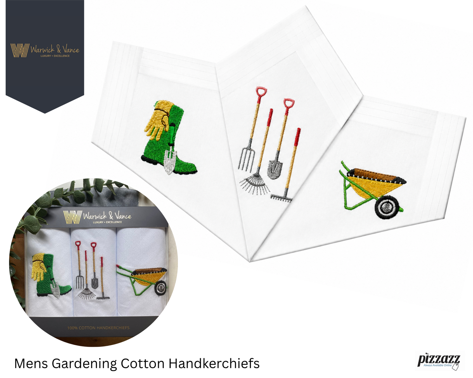 Mens Handkerchiefs 100% Cotton Embroidered Gardening Gift Boxed Hankies 3 Pack