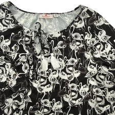 Quacker Factory Top Tunic Sz 1X Black Flamingo Tassel Tie Ruffle Sleeve Cottage