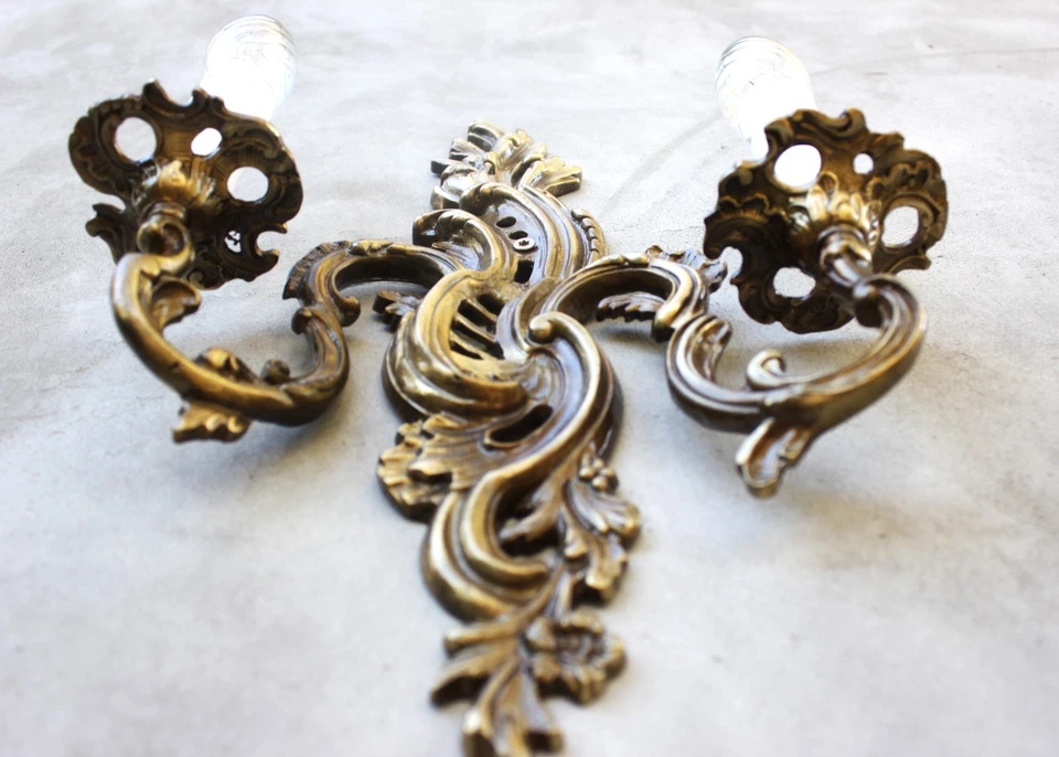 Vintage French Rococo Brass Wall Sconces Pair of Ornate Candle Style Wall Lights - Image 3 of 4