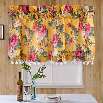 Yellow Floral Cotton Kitchen Curtain Valance 40x18 Inch Half Cafe Window Decor