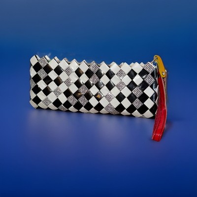 Nahui Ollin Woven Candy Wrapper Clutch Wristlet w/Red Patent Leather Strap/x