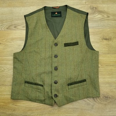 Laksen Amaretta Vest Mens XXL 2XL Khaki Green Gilet Waistcoat Wool Tweed