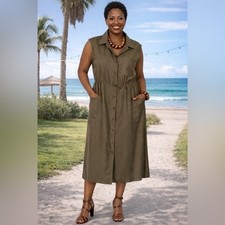 Calvin Klein Olive Green Sleeveless Button-Front Dress