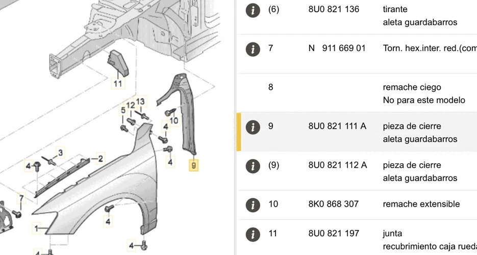 AUDI Q3Guardabarros Delantero Izquierdo Cubierta sellado embellecedo 8U082111A - Imagen 4 de 4