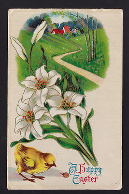 c1910 baby chick Lily flowers Happy Easter Greetings gel postcard