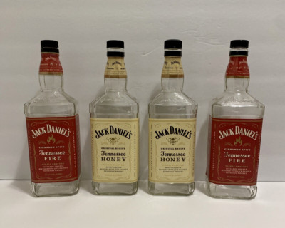 Jack Daniels 4 Tennessee Whiskey 1 Liter Bottles with Caps Honey Fire