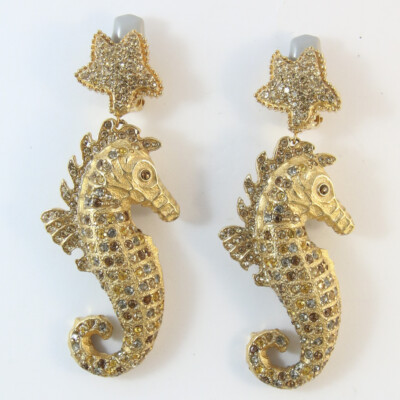 Signed Ciner NY Tan-Coloured Crystals Seahorse Earrings 