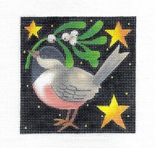 Holiday Chickadee with Mistletoe 4" Sq. HP 18 mesh Needlepoint Canvas by Maggie