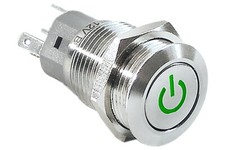 5/8" Silver Stainless Steel Latching Power Button Switch with Green LED 16mm 12V