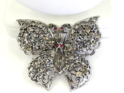 Vintage Smokey Ice Rhinestone by Weiss BUTTERFLY BROOCH 2.25'' Flaw