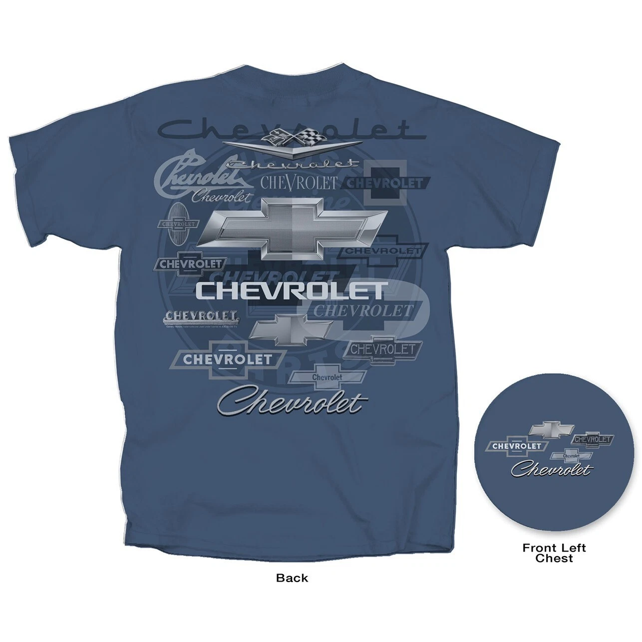 Joe Blow T's Chevrolet All Over Logos Men's Indigo Blue T-Shirt Emblems
