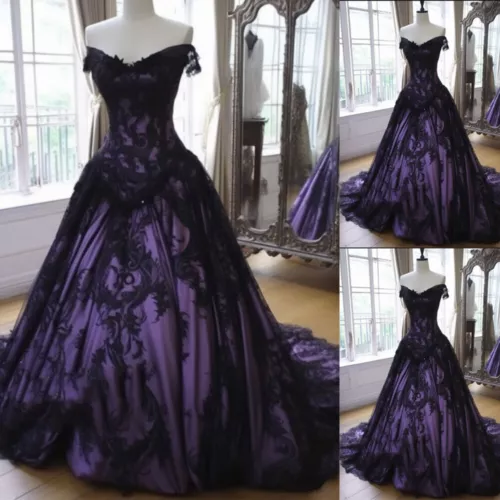Gothic Black Purple Wedding Dresses Strapless Lace Applique Long Bridal Gowns- - Picture 1 of 6