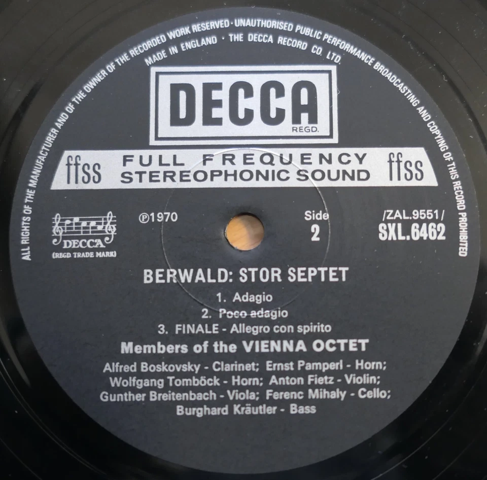 SXL 6462 Kreutzer Grand Septet Berwald Stor Septet Vienna Octet 1970 Decca NM - Image 3 of 4