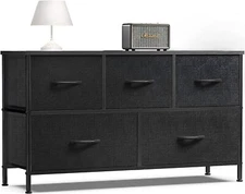 Black 5 Drawers Dresser for Bedroom Wood Top Organizer Fabric Storage Drawers