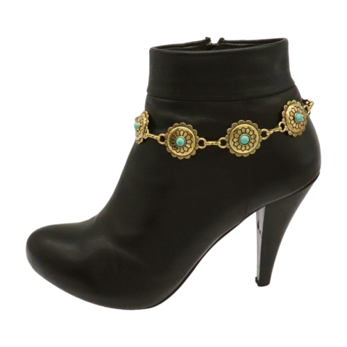 Women Gold Metal Chain Boot Bracelet PAIR Turquoise Blue Flower Charm HANDMADE - Picture 22 of 24