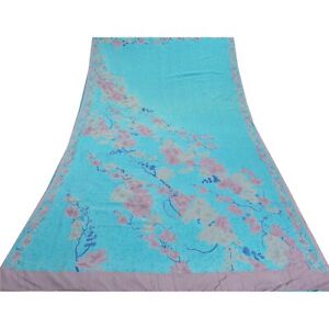 Sanskriti Vintage Blue Sarees Pure Crepe Silk Printed Floral Sari Craft Fabric