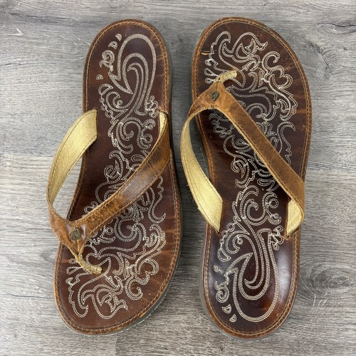 Olukai Paniolo Womens Sz 10 Flip Flops Sandal Brown Leather Stitched Thong Shoe - Picture 5 of 11