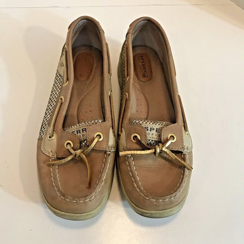 Sperry Top Sider Women’s Sz 7M Tan Leather & Shinny Gold Boat Shoes