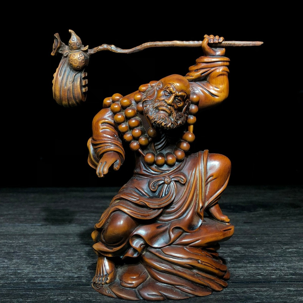Old Boxwood Chinese Bodhidharma Woodcarving Collectible Solid Wood