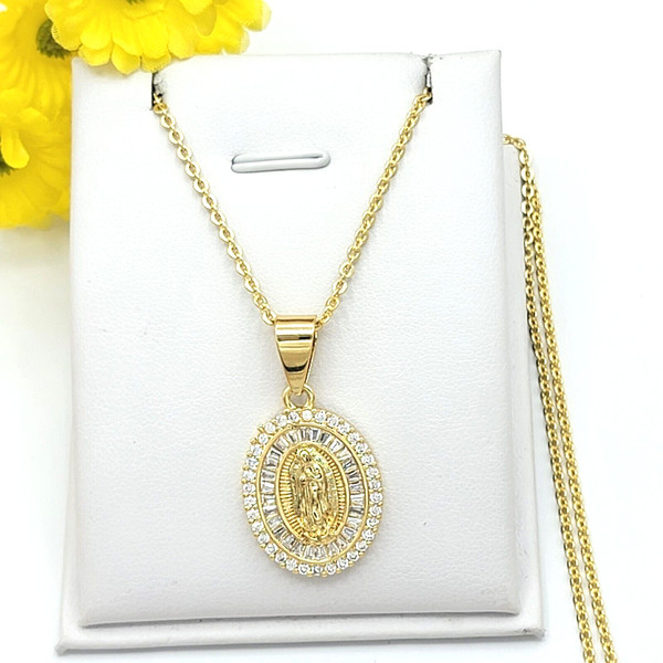 Alternate view of 14k Gold Plated Lady Guadalupe Crystal Medal Necklace Virgen Guadalupe
