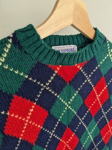 Vtg Shetland Wool Argyle Sweater Green Red Christmas Boys 20 Womens S Ivy Preppy - Picture 9 of 9
