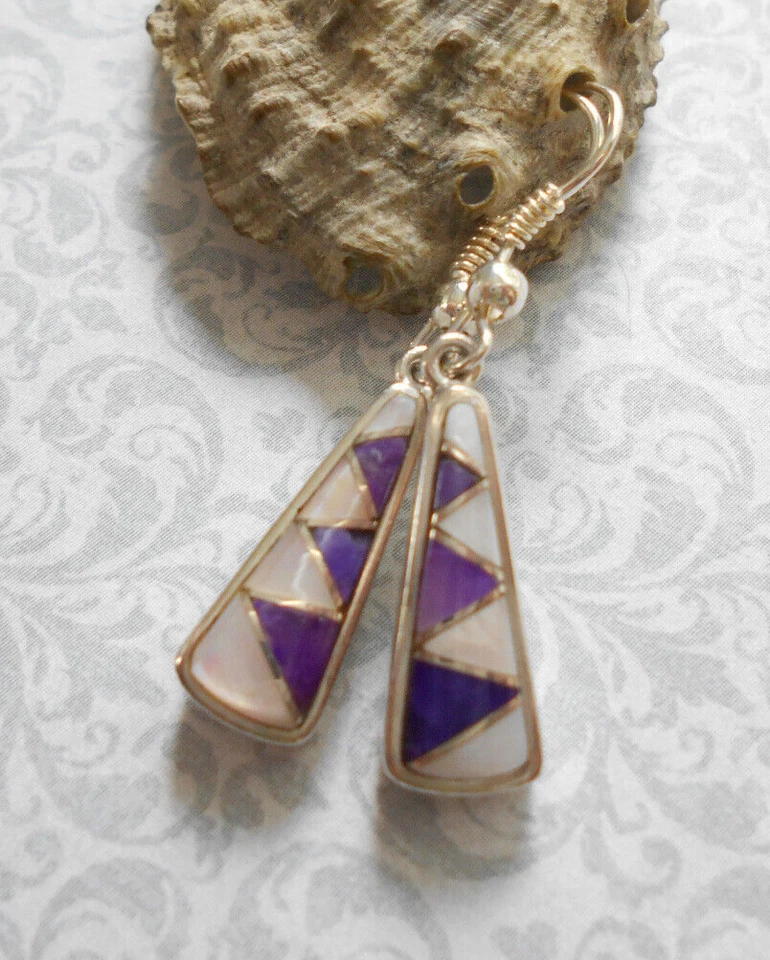 Sajen Sterling Silver ZigZag Inlaid Charoite Mother of Pearl Earrings   42BB27 - Image 3 of 4