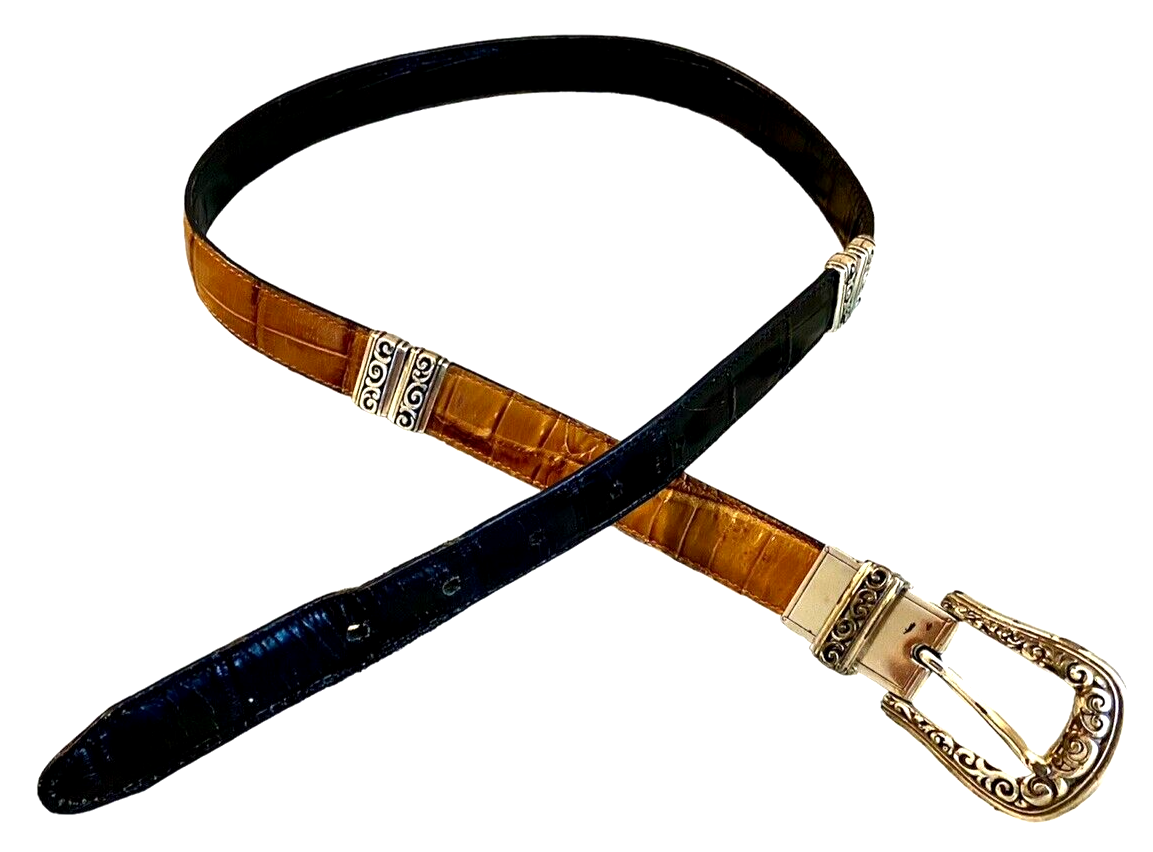 BRIGHTON BLACK BROWN CROCO LEATHER REVERSIBLE SWIVEL BELT 