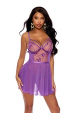 Elegant Moments Sheer Embroidered Mesh Babydoll Set Purple Butterfly Size S