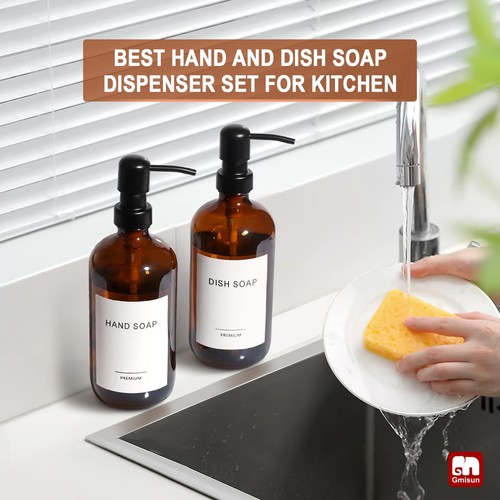 GMISUN Amber Glass Soap Dispenser, 2 Pack Bathroom Hand Soap Dispensers with ... - Picture 7 of 9
