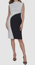 Halston Women's White Black Colorblock Mock-Neck Sheath Dress Size 14