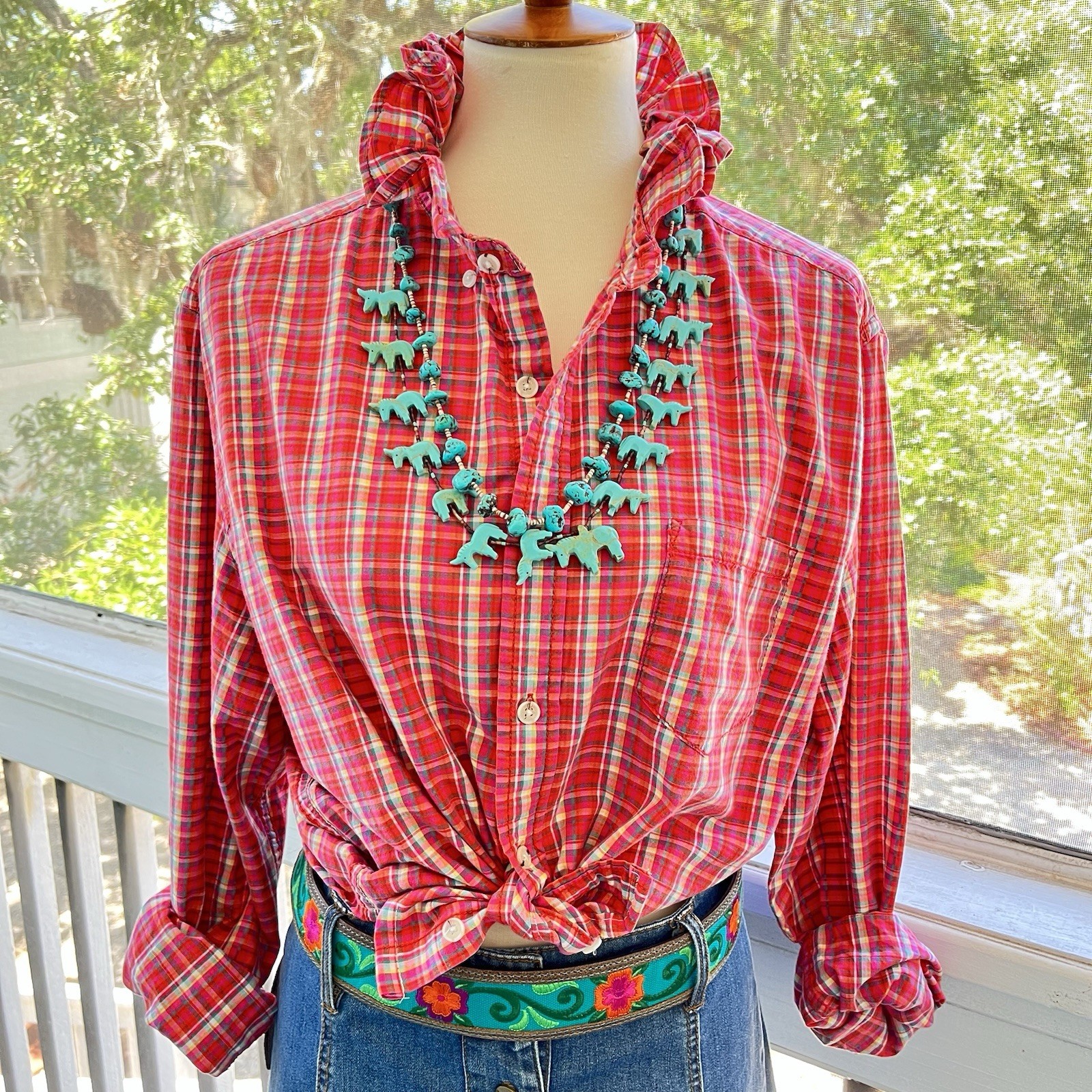 Upcycled Re-worked Life After Denim Coral Madras Preppy Ruffle Collar Shirt L