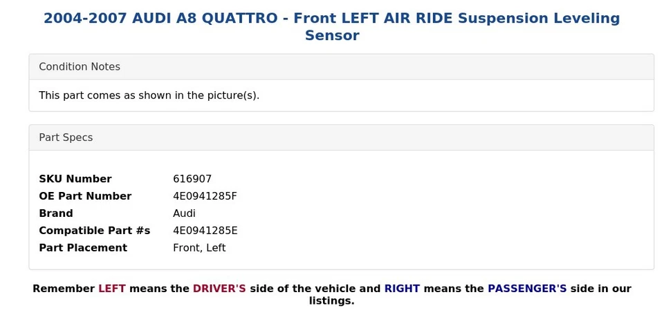 2004-2007 AUDI A8 QUATTRO - Front LEFT AIR RIDE Suspension Leveling Sensor - Image 4 of 4