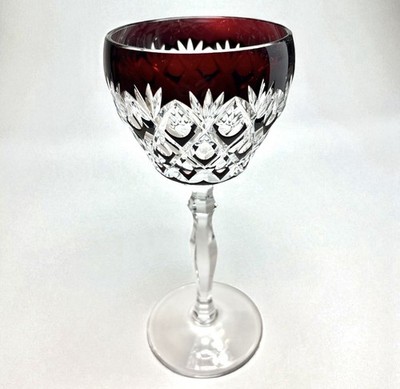 Vintage Ruby Red Bohemian Crystal Glass Cut Etched Wine Glass 7.5 , Free Ship