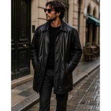 Vintage Misuri Arte Del Cuoio Firenze Italian Leather Car Coat Black 50 M