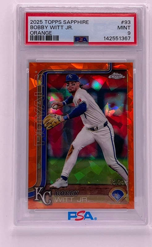 2025 Topps Chrome Sapphire Bobby Witt Jr. Orange Refractor /25 Royals PSA 9