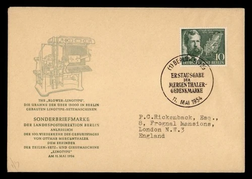 DR WHO 1954 GERMANY FDC MERGENTHALER PRINTING PRESS M77177