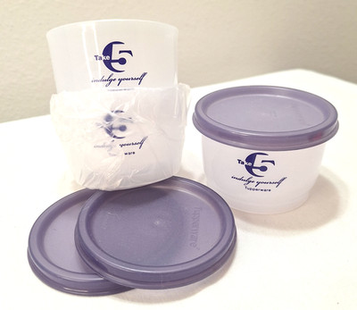 Tupperware Vintage Set of 3  (4 oz) snack cup purple lid Take 5 logo
