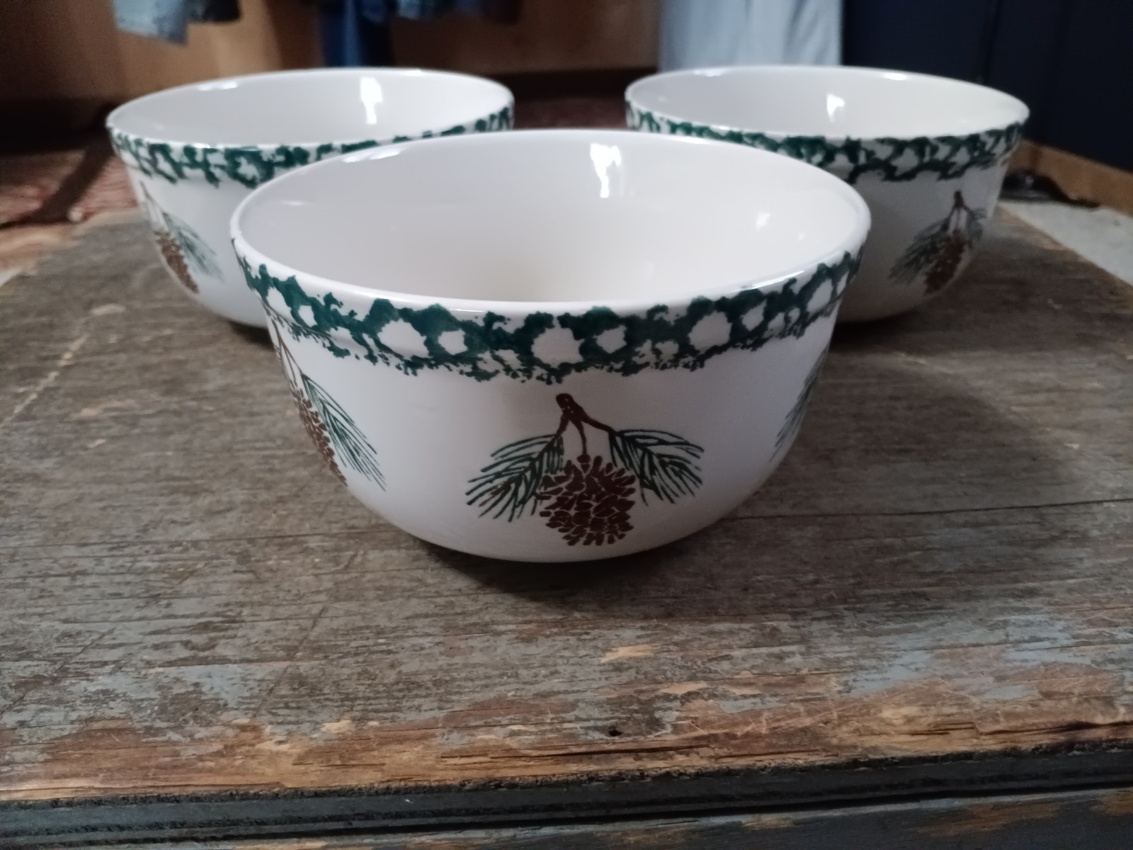 FolkCraft Pine Cone by TIENSHAN Set of 6 Dishes-3 bowls, 3 plates EUC Cabin Core