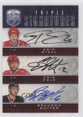2009 Be a Player Triple Signatures Eric Staal Erik Cole Brandon Sutter Auto d4k