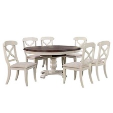 Andrews 7Pc Round/Oval Extendable Dining Set Antique White/Chestnut Brown Wood